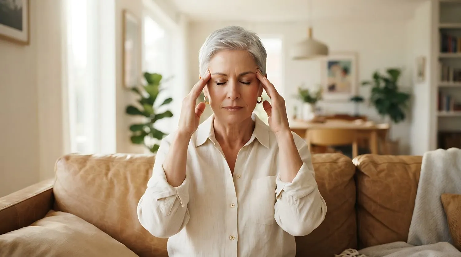A woman with her eyes closed gently presses her temples at home